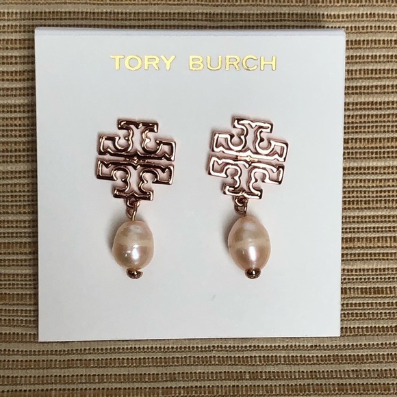 Tory Burch Rose Gold Logo And Pearl Drop Earrings - Picture 1 of 7